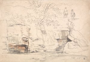 木々と人物のいる岩の多い丘陵地帯 作： ジェームズワード