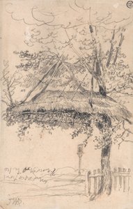 木から吊るされたわらぶき屋根のシェルター（紙に鉛筆と黒インク） 作： James Ward