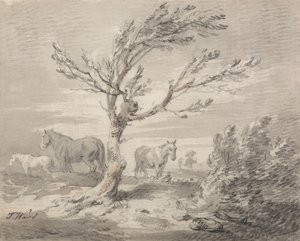 3頭の馬と前景に木がある風景 作： James Ward