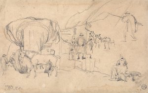 スケッチのシート：馬車、馬、乳母、その他の人物画 作： ジェームズワード
