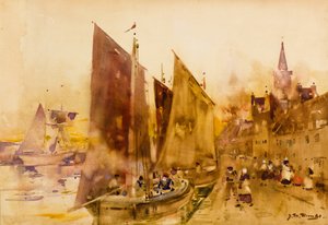 モントローズの岸壁でのフェリー漁船（水彩） 作： James Watterston Herald