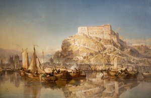 ムーズ川沿いのホイの町と要塞、1880年 作： James Webb