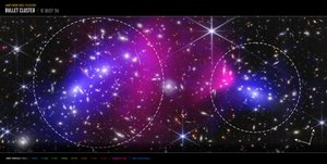 弾丸星団（ウェッブとチャンドラのコンパス画像） 作： James Webb Space Telescope (NASA)