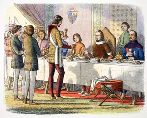 エドワード王子は、1356年、1864年、ポワチエでジョン・オブ・アルトワを倒した後、食卓でジョン・オブ・アルトワに仕える 作： James William Edmund Doyle