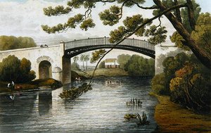 1824年にJ.カートライトによって彫刻されたジャマイカ島の絵のようなツアーからのスペインの町、リオコブレにかかる橋