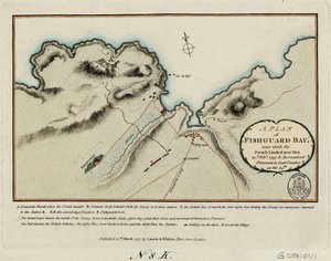 1797年2月22日、フランス軍が1200人を上陸させ、24日にコーダー卿に捕虜を投降させたフィッシュガード湾付近の見取り図。 作： James and Laurie Robert (1755 1836) Whittle