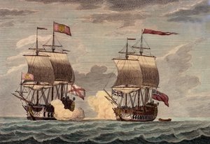 1743年6月20日午後2時頃、227名の乗組員（うち30名は少年）を乗せたセンチュリオン号のアンソン提督は、豊かなアキュプルコの船ヌエストラ・セニョーラ・デ・カポドンゴ号を攻撃し、30分足らずで降伏させた。 作： James and Laurie Robert (1755 1836) Whittle
