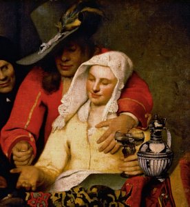 胸を触る女性にコインを差し出す男性（『The Procuress』より）。 作： Johannes Vermeer