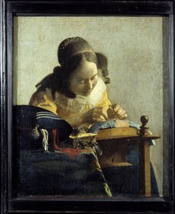 レースのことです。デルフトのヤン（ヨハネス）・フェルメール（1632-1675）の絵画、1658-1660年頃。油彩・キャンバスディム：0.24x0.21m。ルーブル美術館。 作： Johannes Vermeer