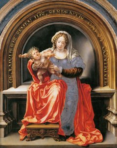 聖母子 - ヤン・ゴッセール（Gossart, dit Mabuse）（1478年頃～1532年頃）。木に油彩、1526-1527年頃寸法：30,6x24,5cm。美術史博物館、ヴィエンヌ 作： Jan (c.1472 c.1533) Gossaert
