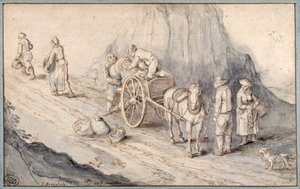 一頭の馬車に根菜類を積む農民たち（紙にペンとインク、ウォッシュ 作： Jan (follower of) Brueghel