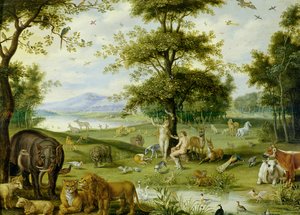 エデンの園のアダムとイブ、1600年頃（パネルに油彩） 作： Jan (studio of) Brueghel