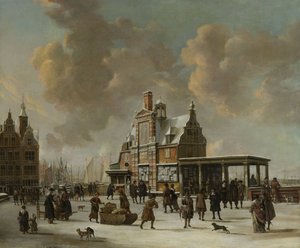 冬の1640年から66年にかけてのアムステルダムのパールハウスとニューブリュッグ 作： Jan Abrahamsz. Beerstraten