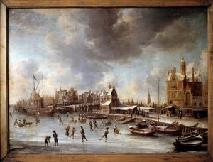 冬の風景。凍った湖の上のスケーターたち。ブルスタテン(1622-1666)の絵画 17世紀ベルリン、国立博物館