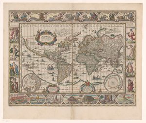 Wereldkaart は装飾的にランデンに会いました 全世界の新しい地理的および水路地図 作： Jan Aertse van den Ende