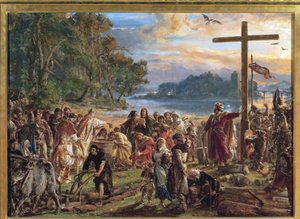 La chhristiannisation de la Pologne, 966 - The Christianization of Poland, 966.マテイコ、ヤン・アロージ（1838-1893）のシリーズ「ポーランドの文明史」より。木に油彩