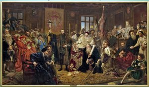 "ルブリン同盟」：1569年7月1日にルブリン（ポーランド）で調印された政治条約で、ポーランド王国とリトアニア大公国を単一の国家である「二国間共和国」に統合し、選挙による君主制で統治するというもの 油彩・キャンバス