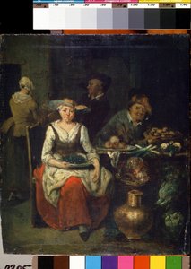 果物と野菜の商人で (八百屋で)。 Jan Baptist Lambrechts (1680-1731) による絵画。 フランダースの芸術。 木に油彩。 State M. Ciurlionis Art Museum、カウナス 作： Jan Baptist Lambrechts