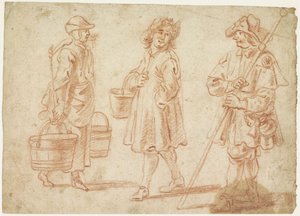 くびきをつけた女性、バケツを持った男性、巡礼者の 3 つのスケッチ 作： Jan Baptist Lambrechts