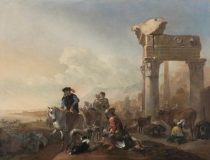 廃墟の近くのハンター、1648年。 作： Jan Baptist Weenix