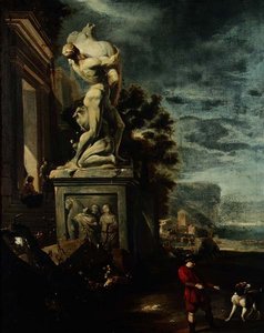 古典的な彫像による人物がいる海港 作： Jan Baptist Weenix
