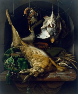 死んだノウサギ、ヤマウズラ、その他の鳥のあるニッチのある静物、1675年頃 作： Jan Baptist Weenix
