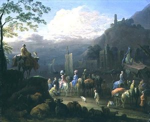 港の近くにいる旅人の一団（銅に油彩 作： Jan Baptist van der Meiren