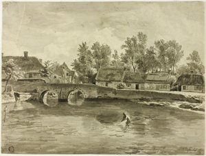 村の近くの川で釣りをする男 作： Jan Baptiste de Jonghe