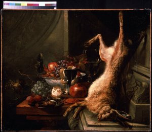 うさぎのある静物。 皮をむいたヘーゼル ナッツとレモンを添えたカニの静物 (ゼスト)。 Jan Baptiste van Moerkerke (1660-1689) による絵画。 キャンバスに油彩、フランダースの芸術。 プーシキン美術館、モスクワ 作： Jan Baptiste van Moerkerke