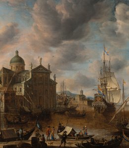 地中海の「カプリッチョ」港。岸壁で会話する人物と1665年を越えて係留するオランダ人の3人の船がいる 作： Jan Beerstraten