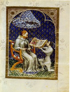 Jean de Vaudetarがフランスのシャルル5世に本の贈り物を贈る。ジャンドヴォデタールの聖書ヒストリーから、1372年 作： Jan Bondol