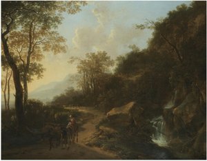 小川を渡る旅人のいるイタリア風の風景 作： Jan両方