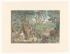 ユートピア的な村のシーンでのアダムとイブ 作： Jan Brandes