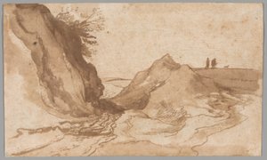渓谷の近くに人物のいる丘陵の風景