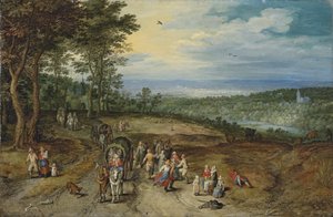 線路を行く旅人と手前で踊る農民のいる広大な森林風景／Landscape with Travellers and Peasants on a Track