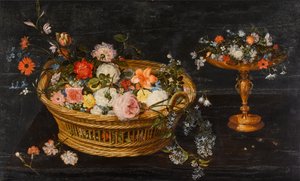バスケットと金色のタッツァに入った花のある静物画 作： Jan Brueghel the Younger