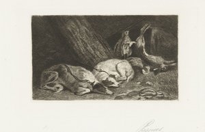 2 匹の犬が狩猟戦利品の近くで休んでいます。 作： Jan Cassiers