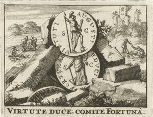 石の山の上に置かれたローマの硬貨 Virtute Duce、Comite Fortuna (オブジェクトのタイトル) 作： Jan Claesz ten Hoorn