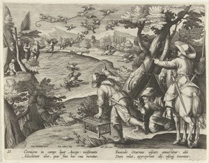 Jacht op kraaien en spreeuwen Jachttaferelen (シリーズタイトル) Bestiary でのジビエ、鳥、魚の狩猟 (シリーズ タイトル) 作： Jan Collaert (II)