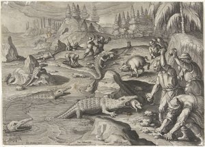 クロコディレンバンスト Jachttaferelen (シリーズタイトル) Bestiary でのジビエ、鳥、魚の狩猟 (シリーズ タイトル) 作： Jan Collaert (II)
