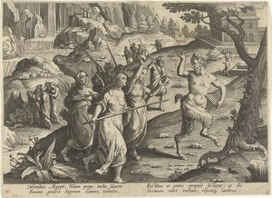 Vrouwen verjagen een sater Jachttaferelen (シリーズタイトル) Bestiary でのジビエ、鳥、魚の狩猟 (シリーズ タイトル) 作： Jan Collaert (II)