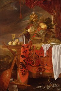 プレートにギルトカップ、シルバーチャリス、ノーチラス、グラス、桃を混ぜたフルーツバスケット 作： Jan Davidsz de Heem