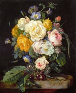 バロック :シャクヤク、サクランボ、懐中時計のある静物画 par Heem, Jan Davidsz. de (1606-1684)