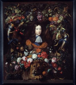 花のメダイヨンの中のオレンジ公国ウィリアム3世（1650-1702）の肖像 ヤン・ダヴィッド・ヘム（1606-1684）による絵画 1665年 日。1,34x1,14 m リヨン、ミュゼ・デ・ボザール 作： Jan Davidsz de Heem