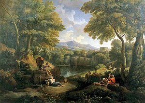 井戸に人がいる風景（油彩・キャンバス） 作： Jan Frans van Bloemen