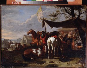 「キャンプの騎兵のグループ」（騎兵キャンプ）ヤン・フランス・ファン・ブローメン（1662-1749）による絵画18世紀極東美術館、ハバロフスクロシア 作： Jan Frans van Bloemen