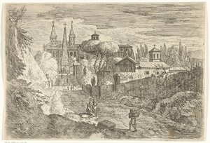 城壁で旅行者とイタリアの風景 作： Jan Frans van Bloemen