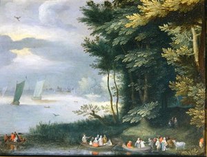 手漕ぎボートに乗る人々と湖の岸辺（油彩・キャンバス） 作： Jan Frans van Bredael