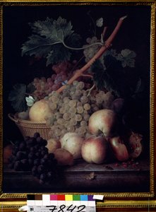 ""果物"" 桃、ブドウ、ナシ、ザクロの静物と蝶とハチ。 Jean Francois van Dael (1764-1840) の絵画 1808年 プーシキン美術館、モスクワ 作： Jan Frans van Dael