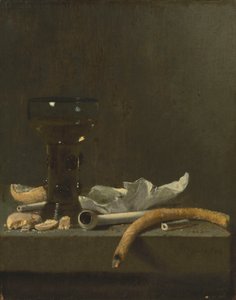 棚に置かれたローマー、土管、火のついたテーパーのある静物画 作： ヤン・フリス